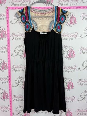 Paper scissors dress floral knit Black Dress with Colorful Crochet Yoke